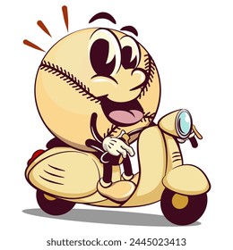 baseball cartoon vector isolated clip art illustration mascot riding a scooter, work of hand drawn