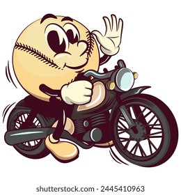 baseball cartoon vector isolated clip art illustration mascot riding a big motorcycle, work of hand drawn
