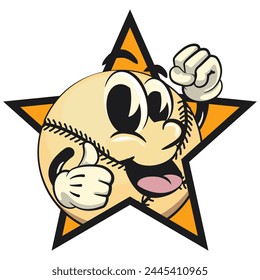 baseball cartoon vector isolated clip art illustration mascot out from of a star with thumbs up, work of hand drawn