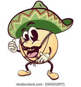 baseball cartoon vector isolated clip art illustration mascot wearing sombrero with thumb up, work of hand drawn