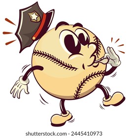 baseball cartoon vector isolated clip art illustration mascot wearing a police hat and blowing a whistle, work of hand drawn