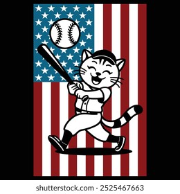 Baseball Cat American Flag Patriotic T-shirt