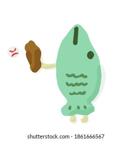 Baseball Catch03 Fish; Hand drawn vector illustration like woodblock print