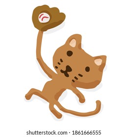 Baseball Catch04 Cat; Hand drawn vector illustration like woodblock print