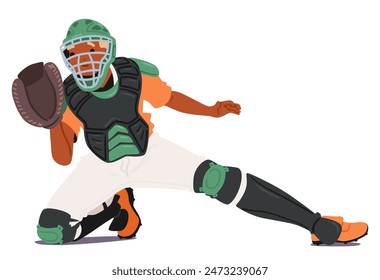 Baseball Catcher In Action Wearing Full Protective Gear, Gloves, And Helmet. The Catcher Is Captured Mid-motion, Poised To Catch A Ball. Perfect For Depicting Strength, Sportsmanship, And Team Sports