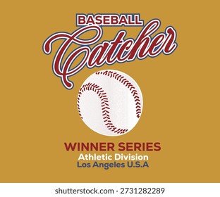 Baseball Catcher Athletic Division Winner Series tipografia universitária Estados Unidos da América Los Angeles baseball league slogan retro para camiseta gráfica, camiseta, moletom, capuz ou cartaz - Vetor.
