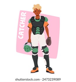 Baseball Catcher Character In Full Protective Gear Including A Chest Protector, Leg Guards, And A Catcher Mitt. Vector Image For Sports And Baseball-related Contexts. Cartoon Vector Illustration