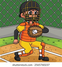 Baseball Catcher Colored Cartoon Illustration