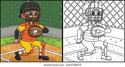 Baseball Catcher Coloring Page Illustration