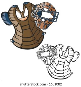 Baseball catcher equipment including a chest protector and a helmet. Vector illustration