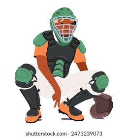 Baseball Catcher In Full Gear, Poised And Ready For Action. Catcher Wears Protective Equipment Including A Helmet, Chest Protector, And Shin Guards, Depicting The Intensity And Focus Required In Game