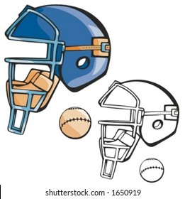 Baseball catcher helmet and a ball. Vector illustration