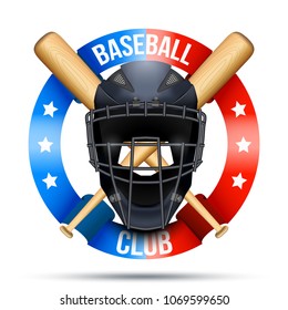 Baseball catcher mask sign with ribbons. Sporting Symbol and mascot. Vector Illustration Isolated on white background.