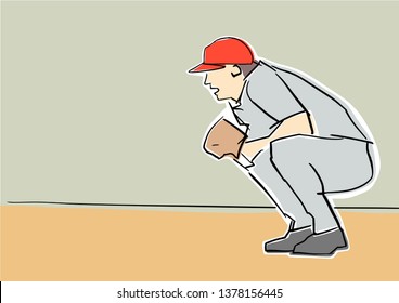 Baseball catcher. One baseball pitcher is sitting. Waiting pose. Vector flat illustration. Isolated black contour and colors. Hand drawn sketch.