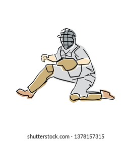 Baseball catcher. One baseball pitcher is sitting. Waiting pose. Vector flat illustration. Isolated black contour and colors. Hand drawn sketch.