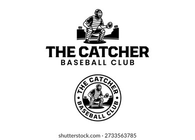 Baseball catcher player with stadium retro badge logo design set for athletic sport team. Baseball defense player vintage patch symbol graphic pack for league. Catcher position, Baseball fielder