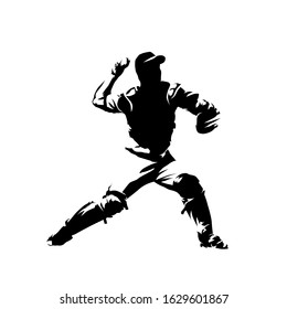 Baseball catcher throwing ball, isolated vector silhouette, ink drawing