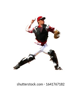 Baseball catcher throwing ball, isolated low polygonal vector illustration