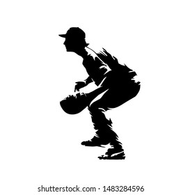 Baseball Catcher Waiting For Ball, Side View. Isolated Vector Silhouette, Comic Ink Drawing