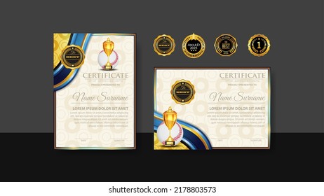 Baseball Certificate Design With Gold Cup Set Vector. baseball. Sports Award Template. Achievement Design. Graduation. Winner document. Winner's Cup. Illustration Templates