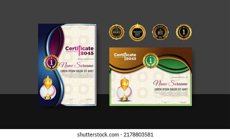 Baseball Certificate Design With Gold Cup Set Vector. baseball. Sports Award Template. Achievement Design. Graduation. Winner document. Winner's Cup. Illustration Templates