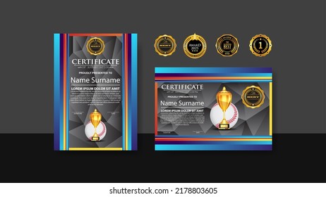 Baseball Certificate Design With Gold Cup Set Vector. baseball. Sports Award Template. Achievement Design. Graduation. Winner document. Winner's Cup. Illustration Templates