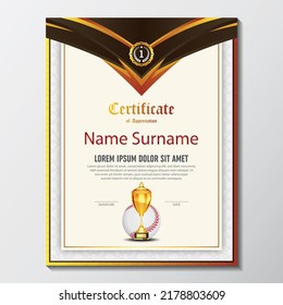 Baseball Certificate Design With Gold Cup Set Vector. baseball. Sports Award Template. Achievement Design. Graduation. Winner document. Winner's Cup. Illustration Templates
