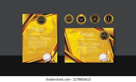 Baseball Certificate Design With Gold Cup Set Vector. baseball. Sports Award Template. Achievement Design. Graduation. Winner document. Winner's Cup. Illustration Templates