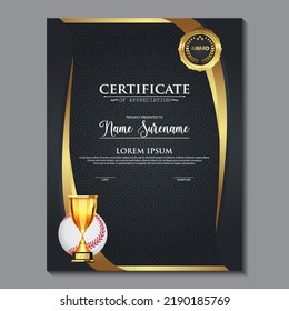 Diseño De Certificados De Béisbol Con Vector Juego De Copa De Oro. béisbol. Plantilla de premio deportivo. Diseño de logros. Graduación. Documento ganador. Copa de Ganadores. Plantillas de ilusión