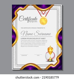 Baseball Certificate Design With Gold Cup Set Vector. baseball. Sports Award Template. Achievement Design. Graduation. Winner document. Winner's Cup. Illustration Templates