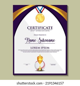 Baseball Certificate Design mit Gold Cup Set Vektorgrafik. Baseball. Vorlage für Sportpreise. Erreichungsdesign. Abitur. Sieger-Dokument. Sieger-Cup. Illustrationsvorlagen