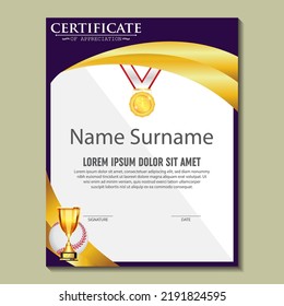 Baseball Certificate Design With Gold Cup Set Vector. baseball. Sports Award Template. Achievement Design. Graduation. Winner document. Winner's Cup. Illustration Templates