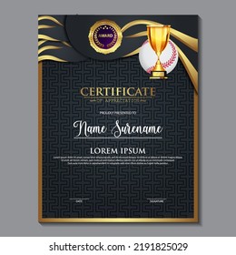 Baseball Certificate Design With Gold Cup Set Vector. baseball. Sports Award Template. Achievement Design. Graduation. Winner document. Winner's Cup. Illustration Templates