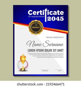 Baseball Certificate Design With Gold Cup Set Vector. baseball. Sports Award Template. Achievement Design. Graduation. Winner document. Winner's Cup. Illustration Templates