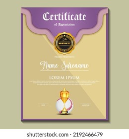 Baseball Certificate Design mit Gold Cup Set Vektorgrafik. Baseball. Vorlage für Sportpreise. Erreichungsdesign. Abitur. Sieger-Dokument. Sieger-Cup. Illustrationsvorlagen