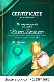 Baseball Certificate Diploma With Golden Cup Vector. Sport Vintage Appreciation. Modern Gift. Print Blank. A4 Vertical. Event Illustration