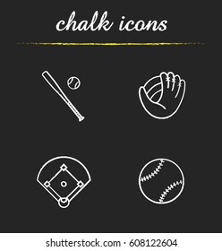 Baseball chalk icons set. Bat and ball, mitt, field. Softball equipment. Isolated vector chalkboard illustrations