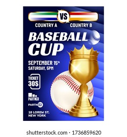 Baseball Champion World Series Cup Banner Vector. Baseball Ball And Golden Award Trophy For Winner Team Championship. Promotion Flyer On Exciting Spectacle For Spectators Concept Layout Illustration