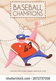 Baseball champions poster concept. Young baseball player vector cartoon character design. Catcher in uniform and sunglasses waiting for ball. Active lifestyle, hobby, sport concept.