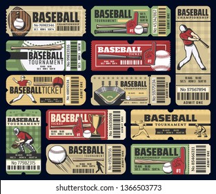 Baseball championship cup game tickets. Vector vintage tickets with baseball players and sport equipment, ball and bat with cheerleader glove on arena stadium