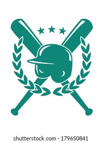 Baseball championship emblem in green and white with a helmet over crossed bats with a laurel wreath and three stars in silhouette