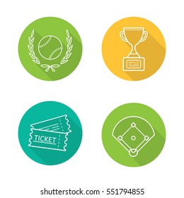 Baseball championship. Flat linear long shadow icons set. Softball ball in laurel wreath, field, tickets, winner's gold trophy cup. Vector line illustration