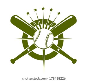 Baseball championship icon or emblem logo with a ball and crossed bats on a circle with radiating stars in olive green on white