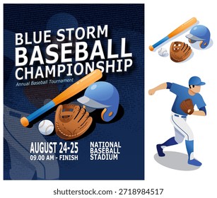 Ilustración vectorial del cartel del campeonato de béisbol, diseño azul del acontecimiento del torneo del deporte con el murciélago, la bola y el casco