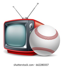 Baseball channel. Baseball ball and retro television. Vector realistic volumetric illustration. Isolated on white background.