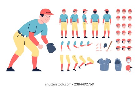 Baseball character animation body parts. Athletic man with glove and bat, front, back and side view. Emotional faces, sport recent vector person