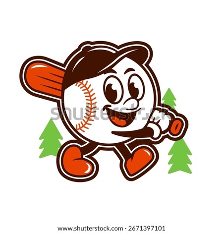 Baseball character with a bat and cap, walking past trees. Great for sports teams or baseball-themed designs