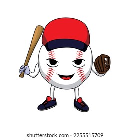 baseball character design. ball mascot with bat and glove. American sport sign and symbol.