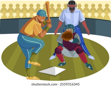 Baseball characters catcher and batter waiting for the ball on the field. Vector illustration. Isolated illustrations.