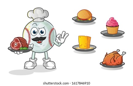 baseball chef with many types of food cartoon. including cheese, burgers, cupcakes, chicken and beef. cartoon mascot vector
